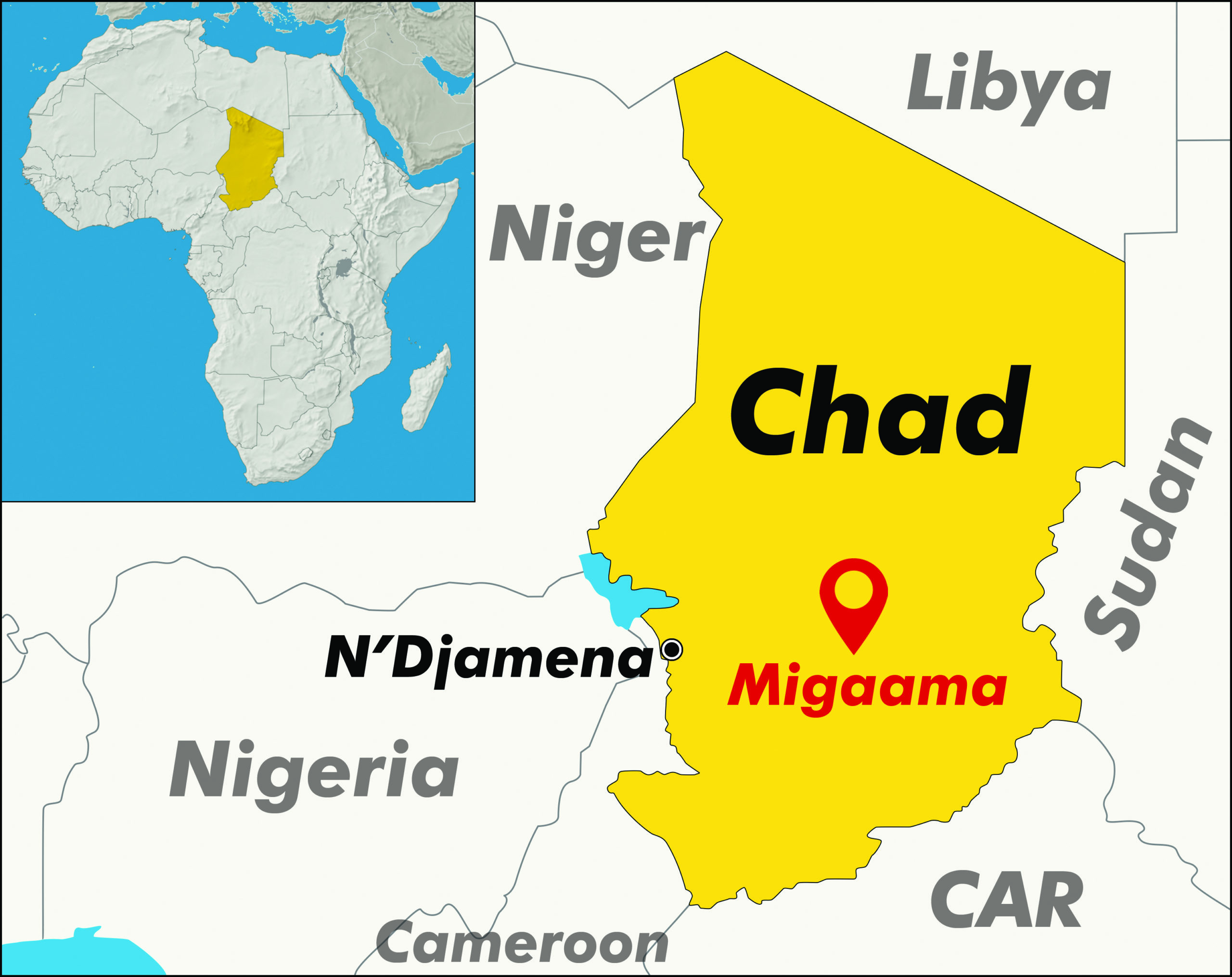 A map of Chad showing the area where Migaama is spoken, towards the south of the country