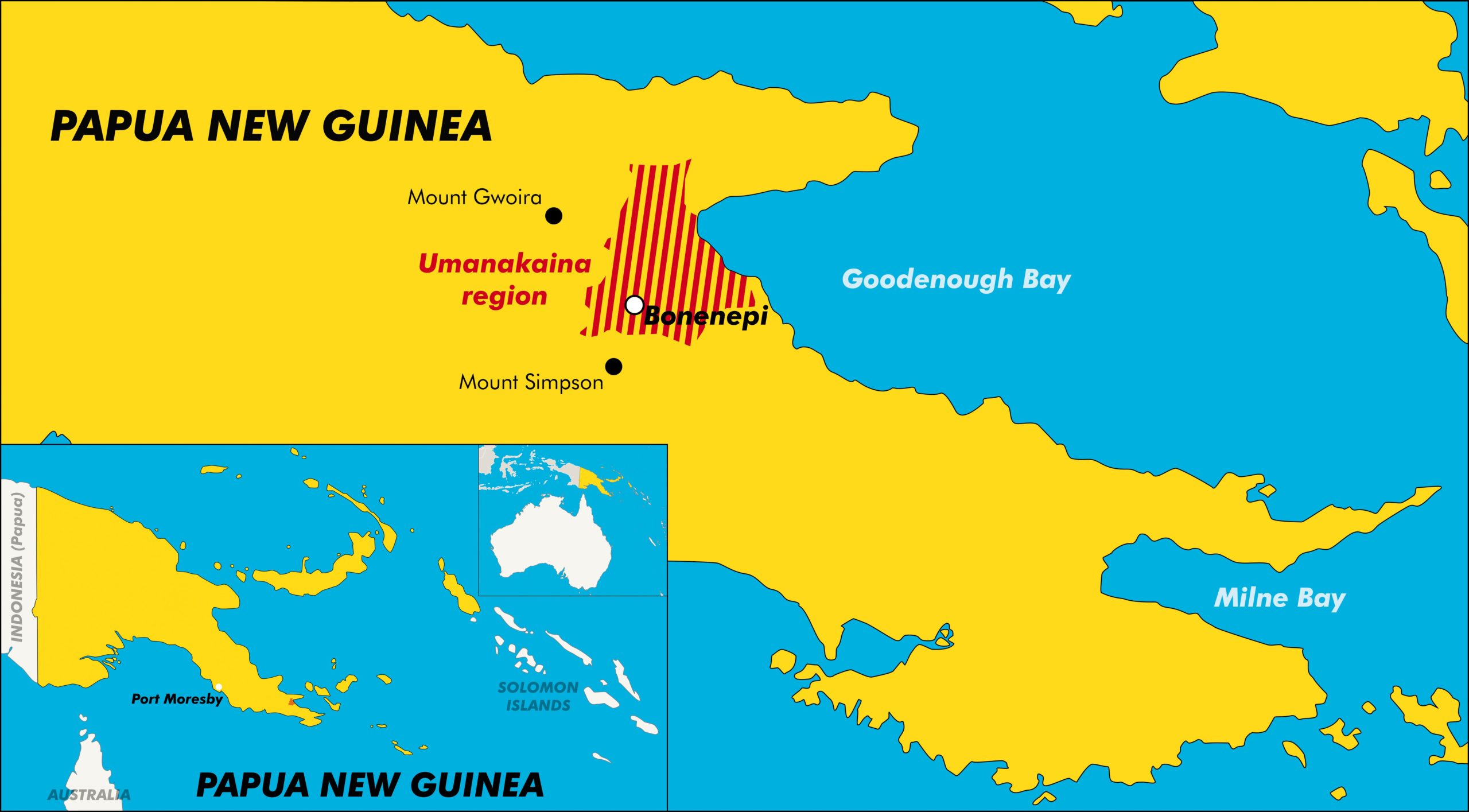 A map of Papua New Guinea, which is north of Australia. The map shows the region where Umanakaina is spoken, to the north in Goodenough Bay, with Aidani's village in the south of this region