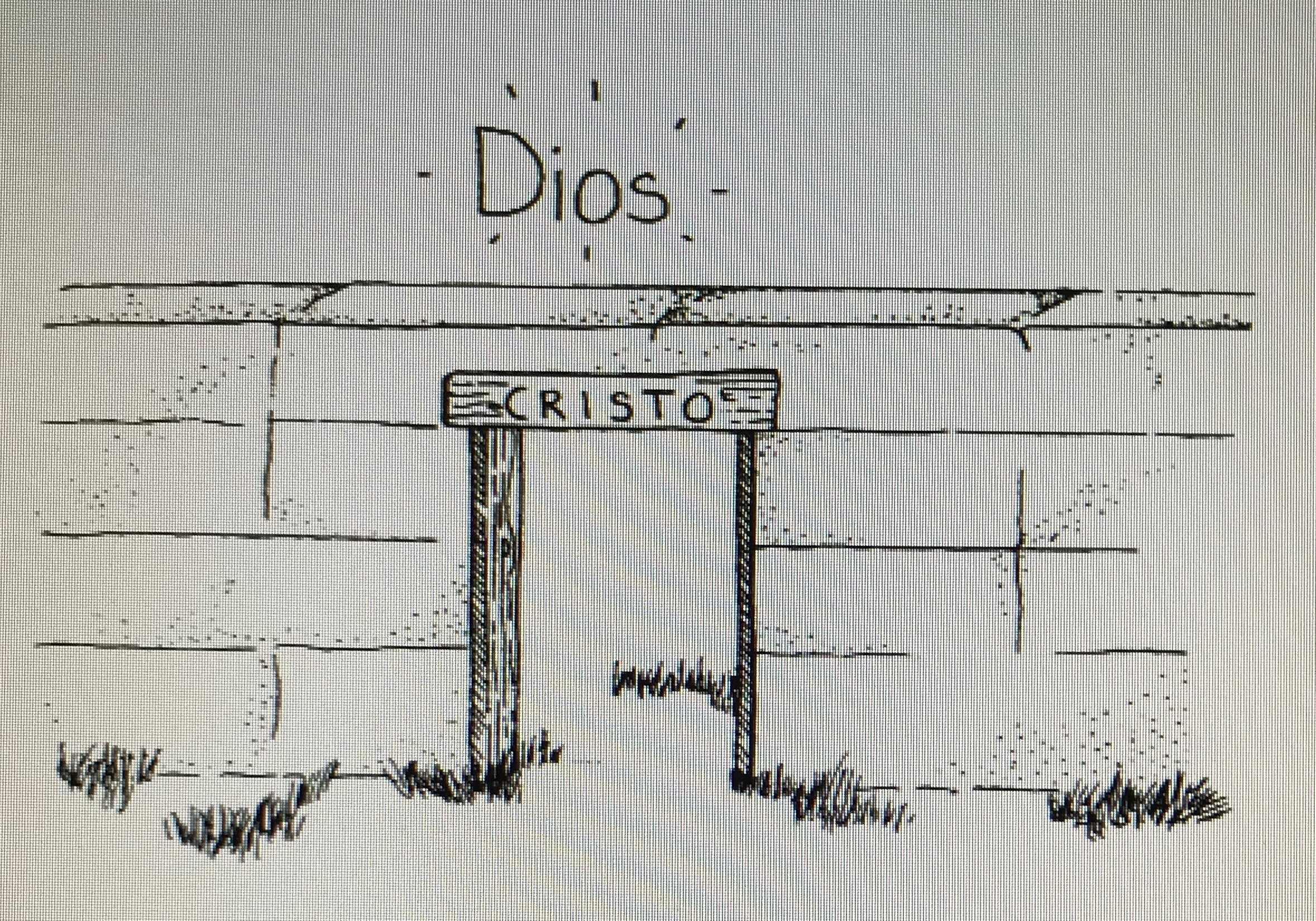 Illustration of a stone wall. Beyond the wall is written 'Dios' meaning 'God'. The open doorway is labelled 'Cristo' meaning 'Christ'.