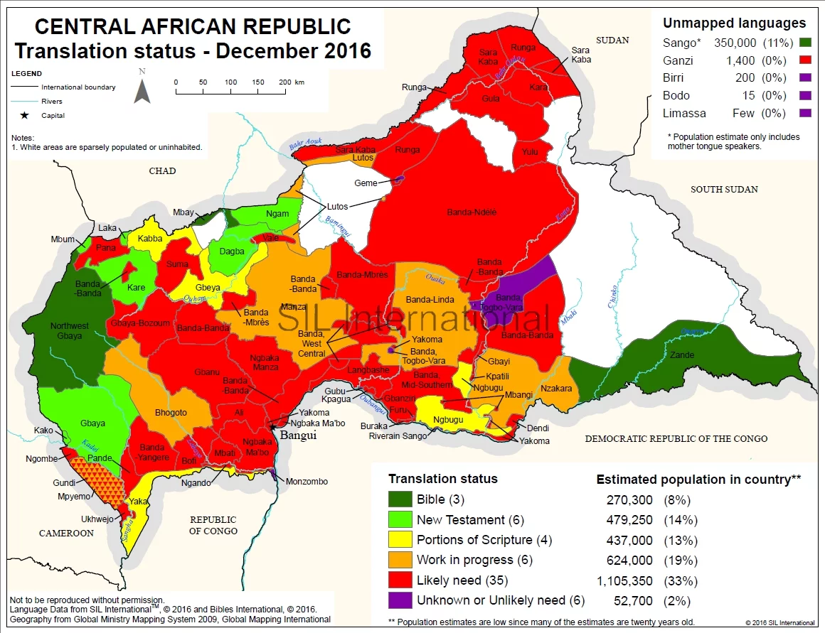 A map of the Central African Republic from 2016 showing languages by Bible translation status