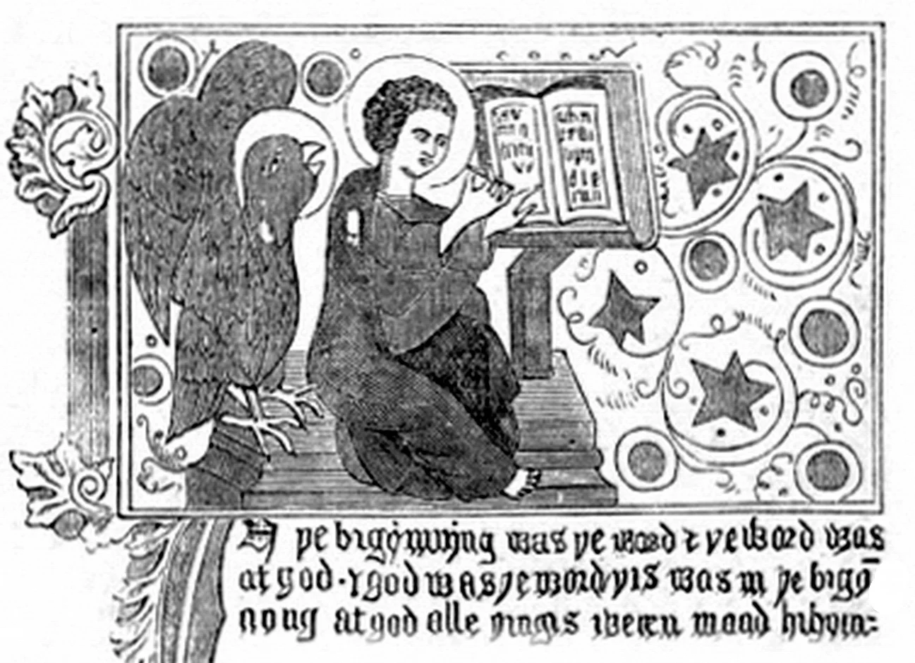 Part of the first page of the Gospel of John from a Wycliffe Bible. It is illustrated with a figure writing in a book, observed by a bird, with stars in the background