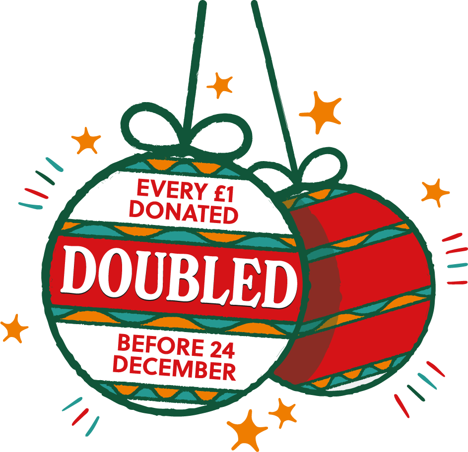 Image of a Christmas buauble with the message 'Every £1 donated doubled before 24 December'