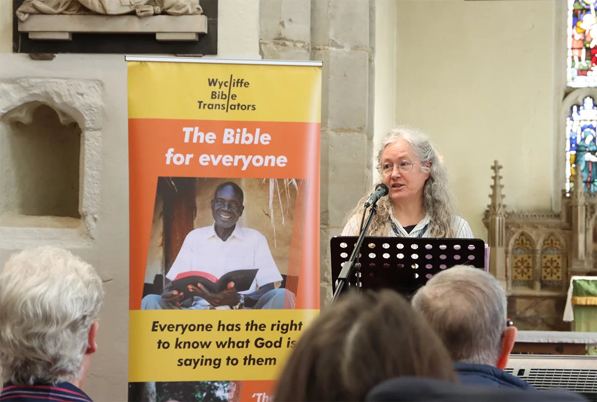 Image of a Wycliffe speaker talking about John Wycliffe in St Mary’s Church, Lutterworth (the church where John Wycliffe was Rector from 1374–84)