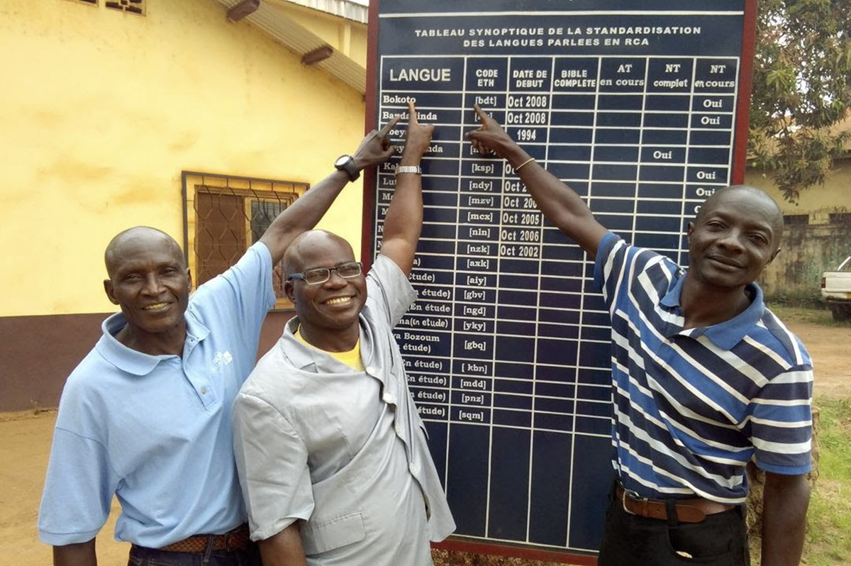 Image of Bhogoto translation team in the Central African Republic pointing to the language name on a list of language projects