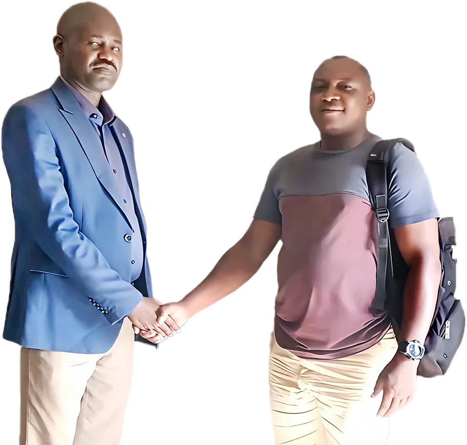 Image of Bible translators Christian and Joseph shaking hands in DRC