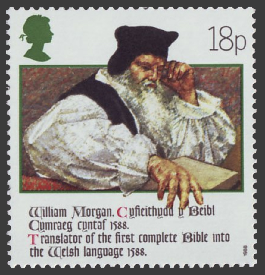 Image of the 1988 stamp celebrating William Morgan and the translation of the Bible into the Welsh language in 1588